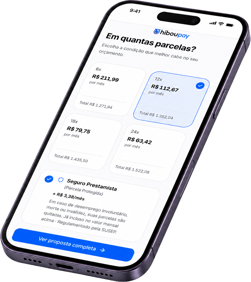Mockup do checkout HibouPay — escolha de parcelas
