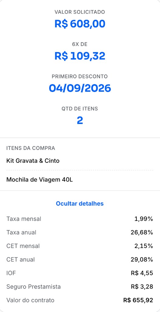 Resumo do checkout HibouPay com parcelas e CET